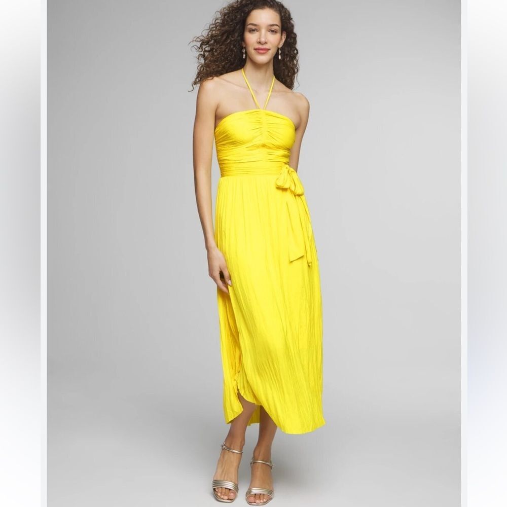 White House Black Market Strapless Pleated Tie-Waist Dress Yellow Sz 8 Long